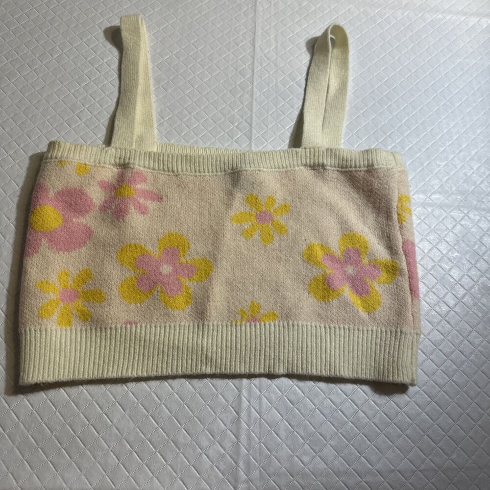 Witty Fox Junior Med Cropped Knit Tank Top Cami Ivory Pink‎ Floral Wimpsical